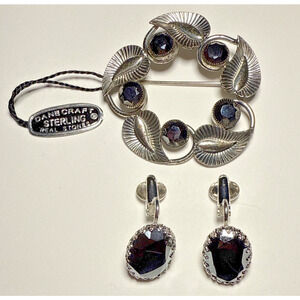 Vtg Primavera Silver Tone Leaf Wreath Brooch Black Rhinestones + Earrings J-1E